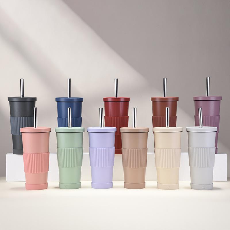 2025710Ml Stainless Steel Straw Cup Female Ceramic Liner Milk Tea Cup Non-Slip Portable Straw Thermos Cup