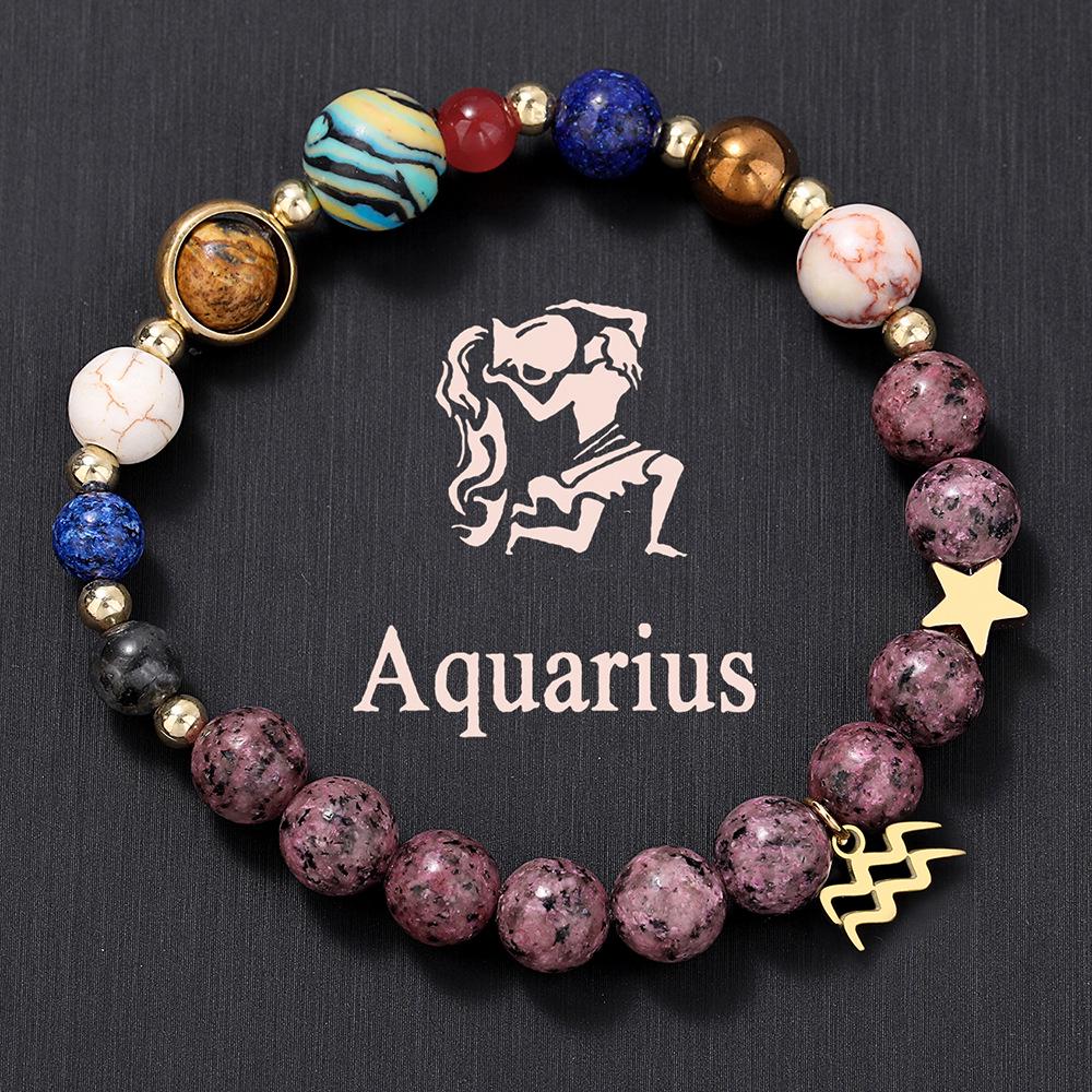 European American Zodiac Basalt Beaded Bracelet with Eight Planets