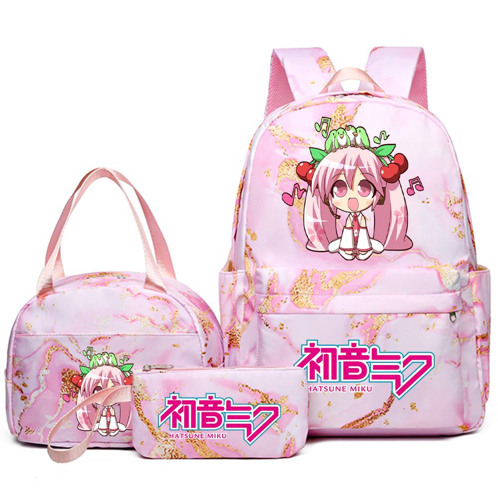 3Pcs/set Anime Hatsune Miku Printed Backpack Handbag Pencil Case for Teenager Student Bookbag Schoolbag Women Large Capacity Waterproof Travel Bag