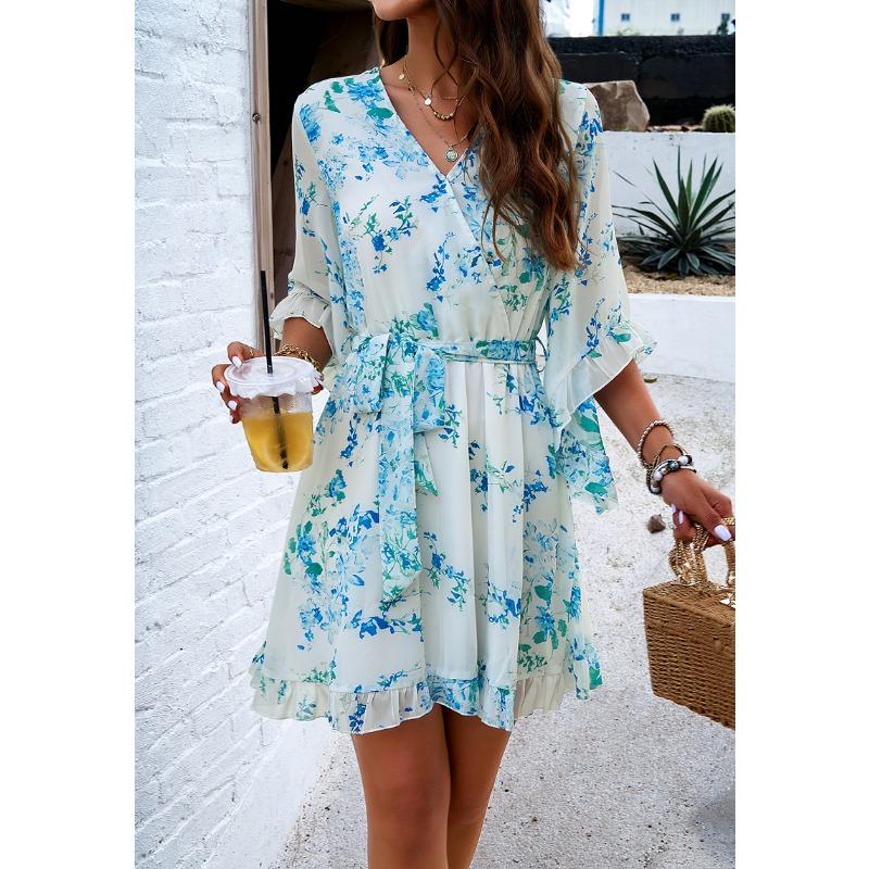 Women's Summer Vacation Casual Printed Lace-up Chiffon Dress