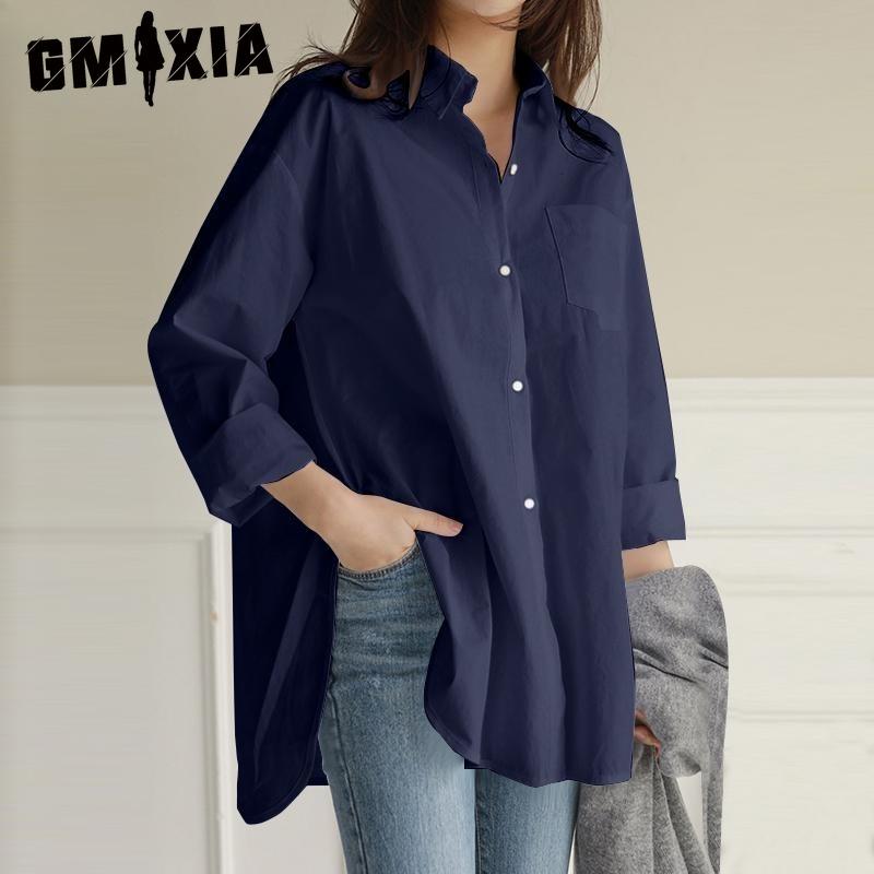 GMXIA Camicette e camicie con collo a polo, maniche lunghe, stampa casual, alla moda, in tinta unita