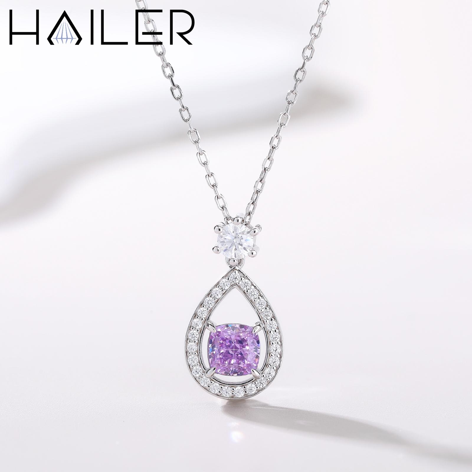 Trendy Cushion Cut Lab Grown Gemstone Pendant Necklace Women Halo Moissanite and Sapphire Necklace Openwork Tear Drop Necklace 45cm&Lab Sapphire+ Moissanite