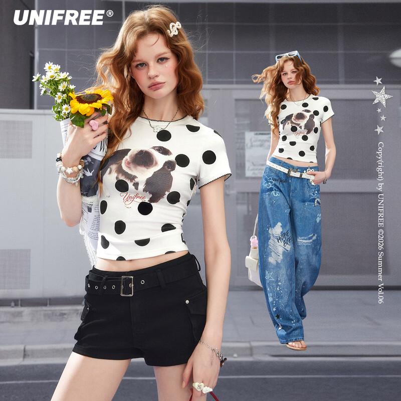 UNIFREE Cute Pet Polka Dot Print Slim T-Shirt L