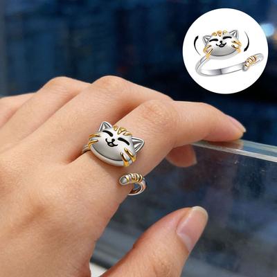 Cute Cartoon Cat Spinner Rings For Women Adjustable Open Fidget Ring Rotatable Anxiety Relief Metal Jewelry Gift For Girls
