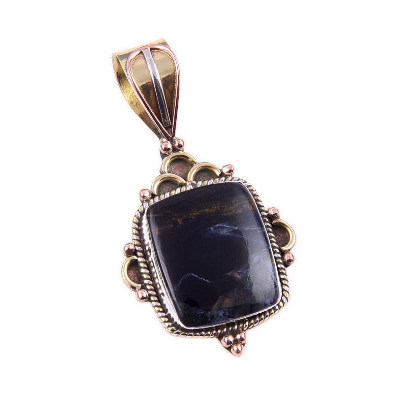 Natural Pietersite Gemstone 925 Solid Sterling Silver TwoTone Pendant 1.50" D6V03