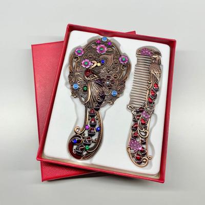1SET Creative Retro Peacock Open Screen Small Mirror Handle Metal Makeup Mirror Portable Mirror Comb Set Holiday Gifts