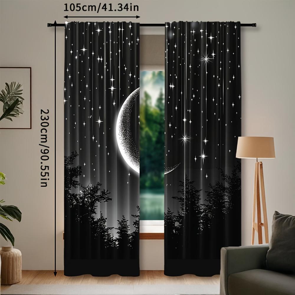 2Pcs Polyester Starry Night Moon Printing Window Curtains Birthday Party Decoration Backdrop Drapes for Living Room