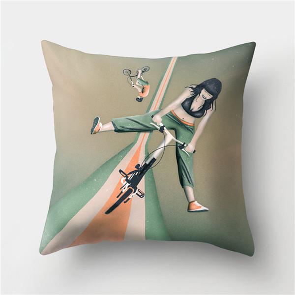 

Полиэстеровая наволочка с велосипедным принтом, мультяшное искусство, абстрактная велосипедная подушка, автомобильный домашний диван, квадратная декоративная наволочка 45X45 см