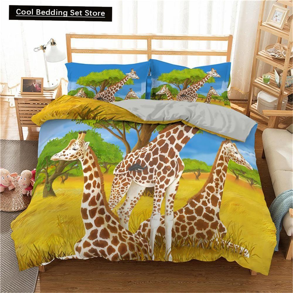 Federa per piumino a forma di giraffa cartone animato King Queen Animali Tropicali Set Biancheria da letto per Bambini Ragazzi Ragazze Adorabile Fauna Selvatica Poliestere Copripiumino