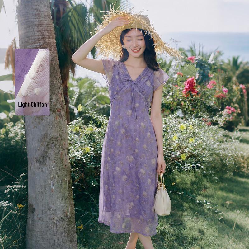 Aqiu Yiren Sweet Floral A-Line V-Neck Summer Dress S