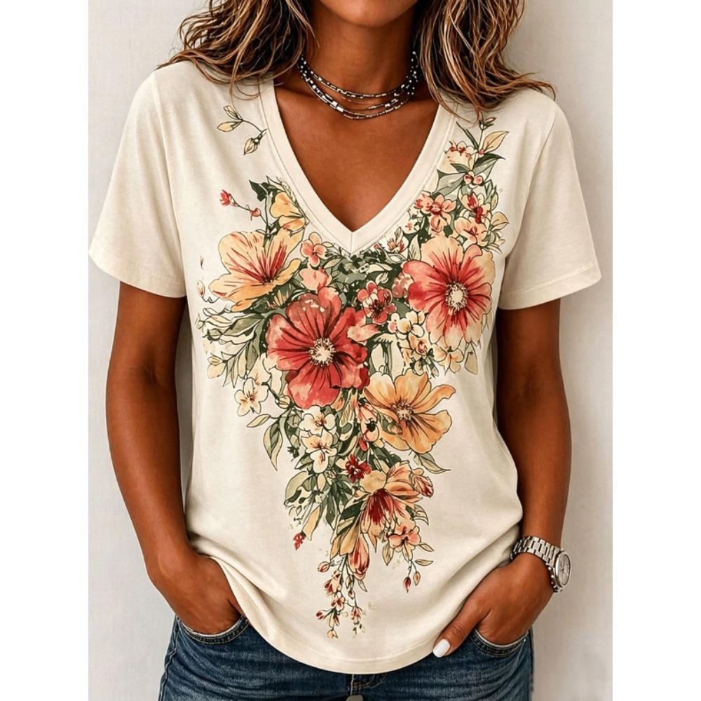 Damen Sommer T-Shirt Blumenmuster Druck Kurzarm T-Shirts Lässige Bedruckte Tops 7XL beige