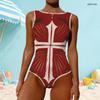 Women Plus Size High Round Neck Sleeveless Printed One Piece Swimsuit Red Blue White