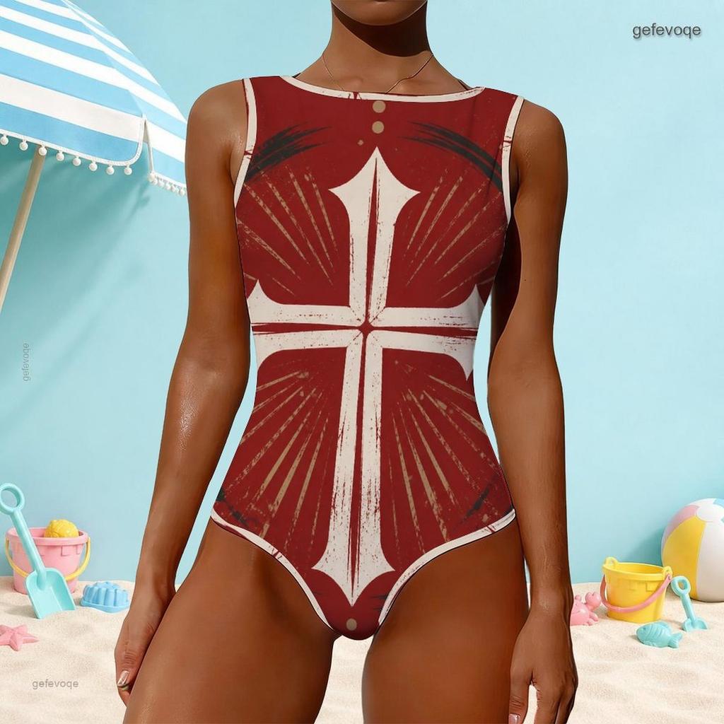 Women Plus Size High Round Neck Sleeveless Printed One Piece Swimsuit Red Blue White