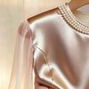 Spring Autumn Women's Round Neck Blouse High-end Pearl Satin Shirt Top