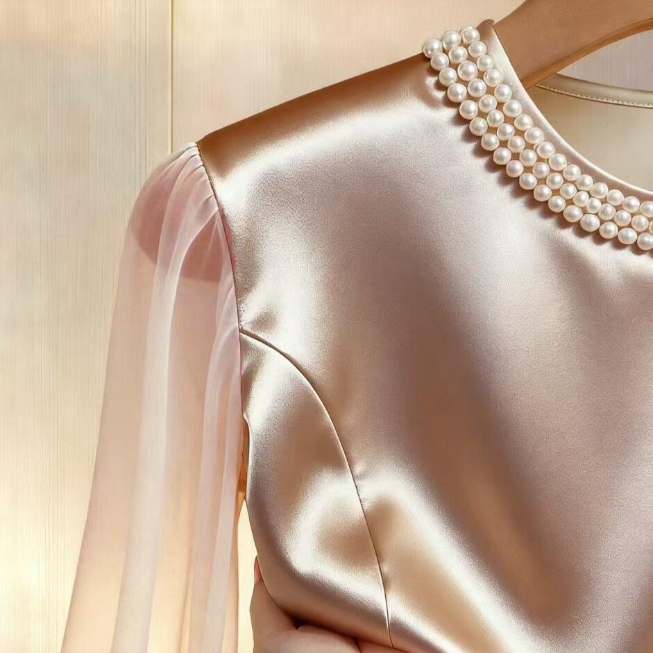 Spring Autumn Women's Round Neck Blouse High-end Pearl Satin Shirt Top