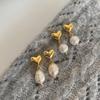 Gold-Tone Heart Freshwater Pearl Shell Bead Stud Earrings for Women - Elegant Copper-Plated Design