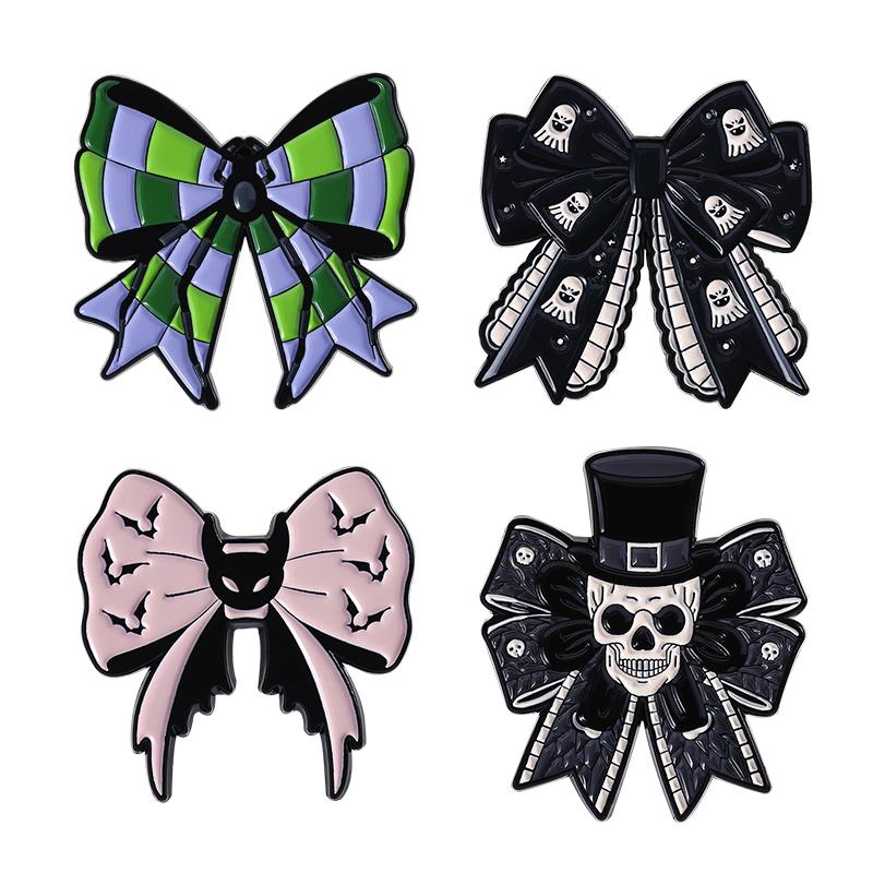 Punk Gothic Bow Enamel Pins Custom Spider Bat Skeleton Brooches Lapel Badges Clothes Funny Jewelry Gift for Friends