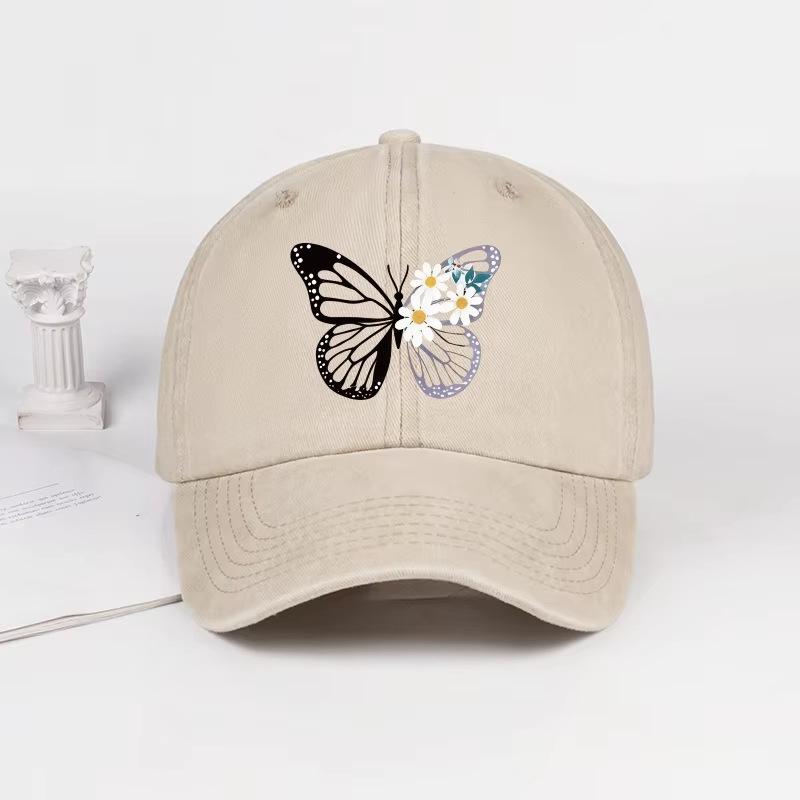 Butterfly And Daisy Print Washed Baseball Cap – Adjustable Unisex Retro Floral Sun Hat, Perfect For Camping And Vacations