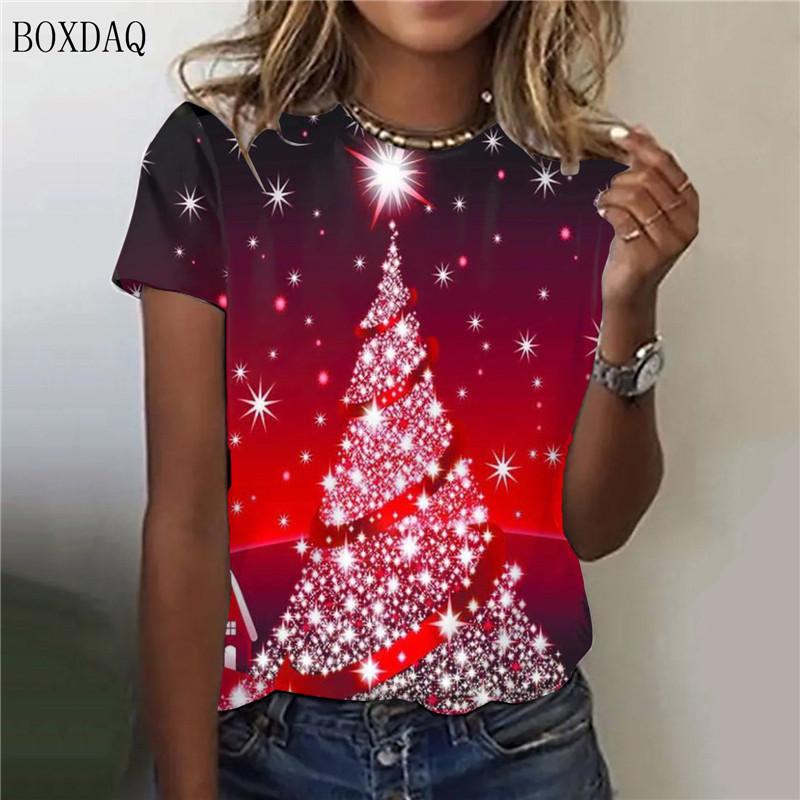 Christmas Tree Pattern Women Fashion T-Shirts Short Sleeve Christmas Days Street Trend Ladies T Shirt 3D Printed O-Neck Tops