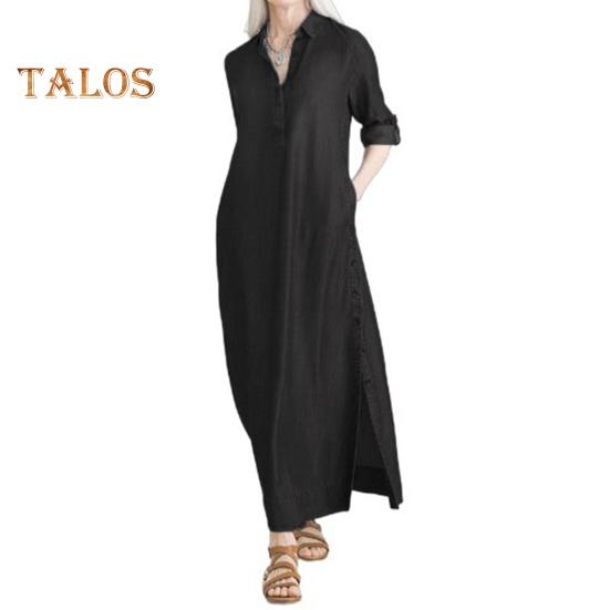 Dame Denim Maxi Kjole Casual Opprullede Ermer Splittkjole med Lommer Pluss Størrelse Knappelukking Revers V-hals Lang Kjole