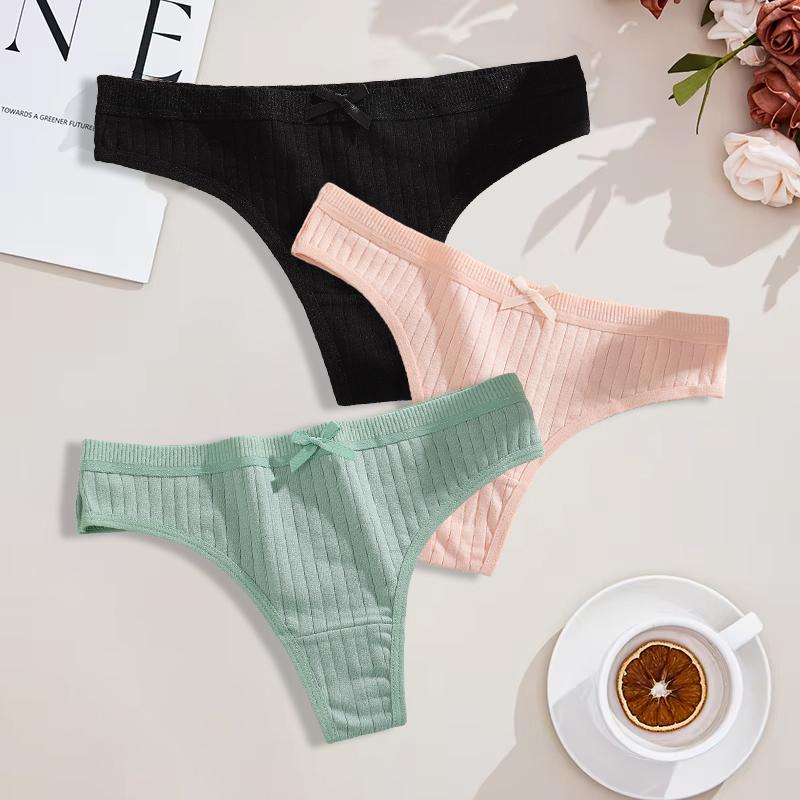 Duży Rozmiar 3 Szt. Damskie Bawełniane Stringi Seksowne Prążkowane Oddychające Majtki Codzienna Urocza Bielizna z Kokardką Dziewczęca Niska Talia G-String Lingerie