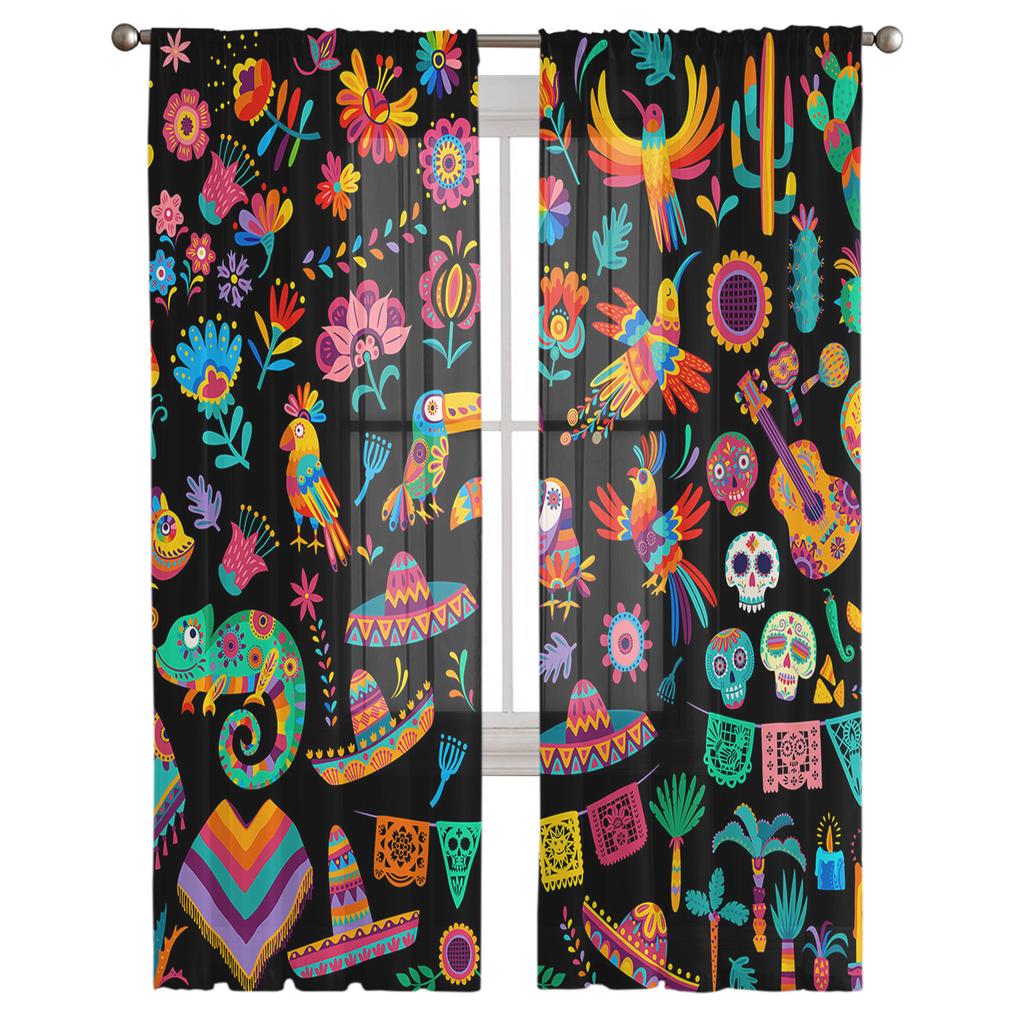 Mexican Festival Pattern Texture Chiffon Sheer Curtains For Living Room Bedroom Decoration Window Tulle Curtains Drapes