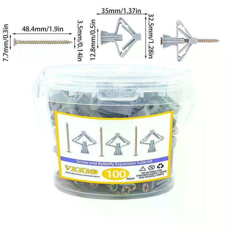 100pcs Drywall Anchor Kit Hollow Wall Anchors Plasterboard Plugs Screws Butterfly Expansion Tube Pipe