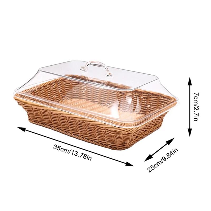 Versatile Imitation Rattan Wicker Basket with Acrylic Lid for Home Dining Table Storage Box Picnic Food Storage Plastic Basket #