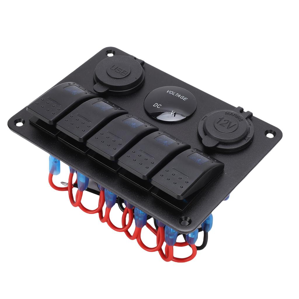 5 Gang Rocker Switch Aluminum Panel with Blue Backlight Dual USB Ports Volt Meter Waterproofing On Off Toggle Switch