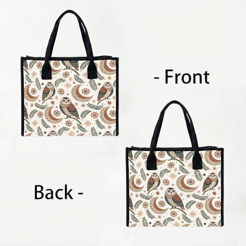 Bohemian Owl Pattern Tote Bag Casual Canvas Shopping Handbag for Daily Use