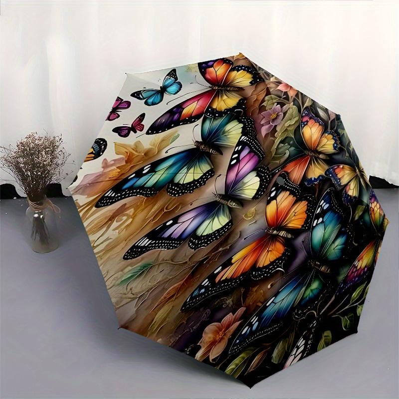 Butterfly Garden Automatic folding umbrella simple eight rib design, bright color pattern, durable iron frame, ideal for travel and outdoor