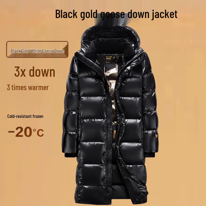 Black Gold Goose Down Long Coat - Unisex Winter Over-Knee Jacket for Extreme Cold