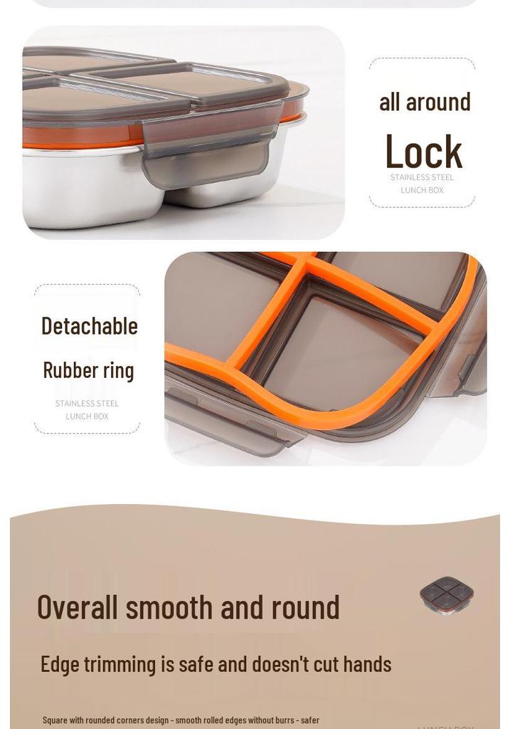 304 Stainless Steel Multi-Compartment Bento Box, Leak-Proof, Includes 3 or 4 Grid Options