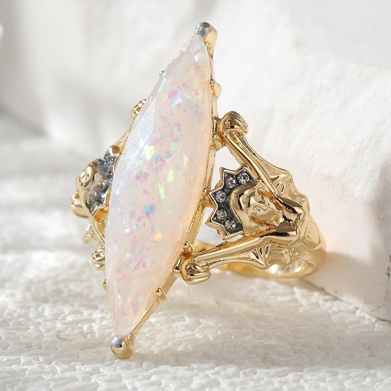 Vintage Inlaid Imitation Opal CZ Women's Ring Ethnic Two Color Hand Carving Daily Wear Party Jewelry Anniversary Gift