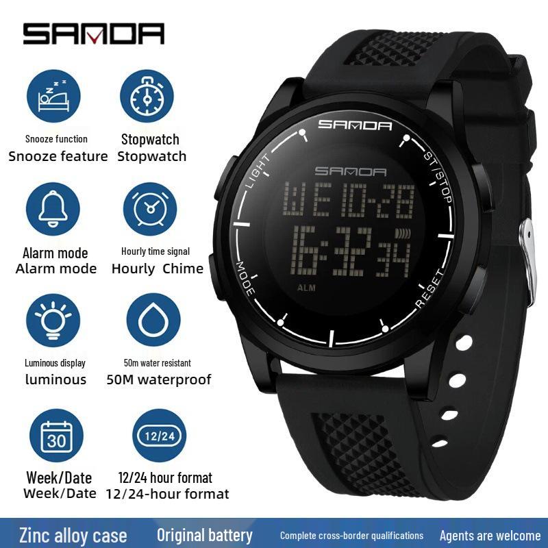 Sanda Multifunctional Sports Watch: Trendy Luminous, Waterproof, Alarm Clock, Single Display for Men.
