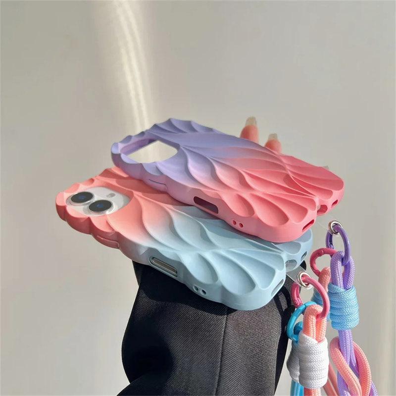 Gradient Pleated Leaf Texture Phone Case with Wrist Strap for iPhone 16 Pro Max 15 14 Plus 13 Shockproof Protectiv Back Cover