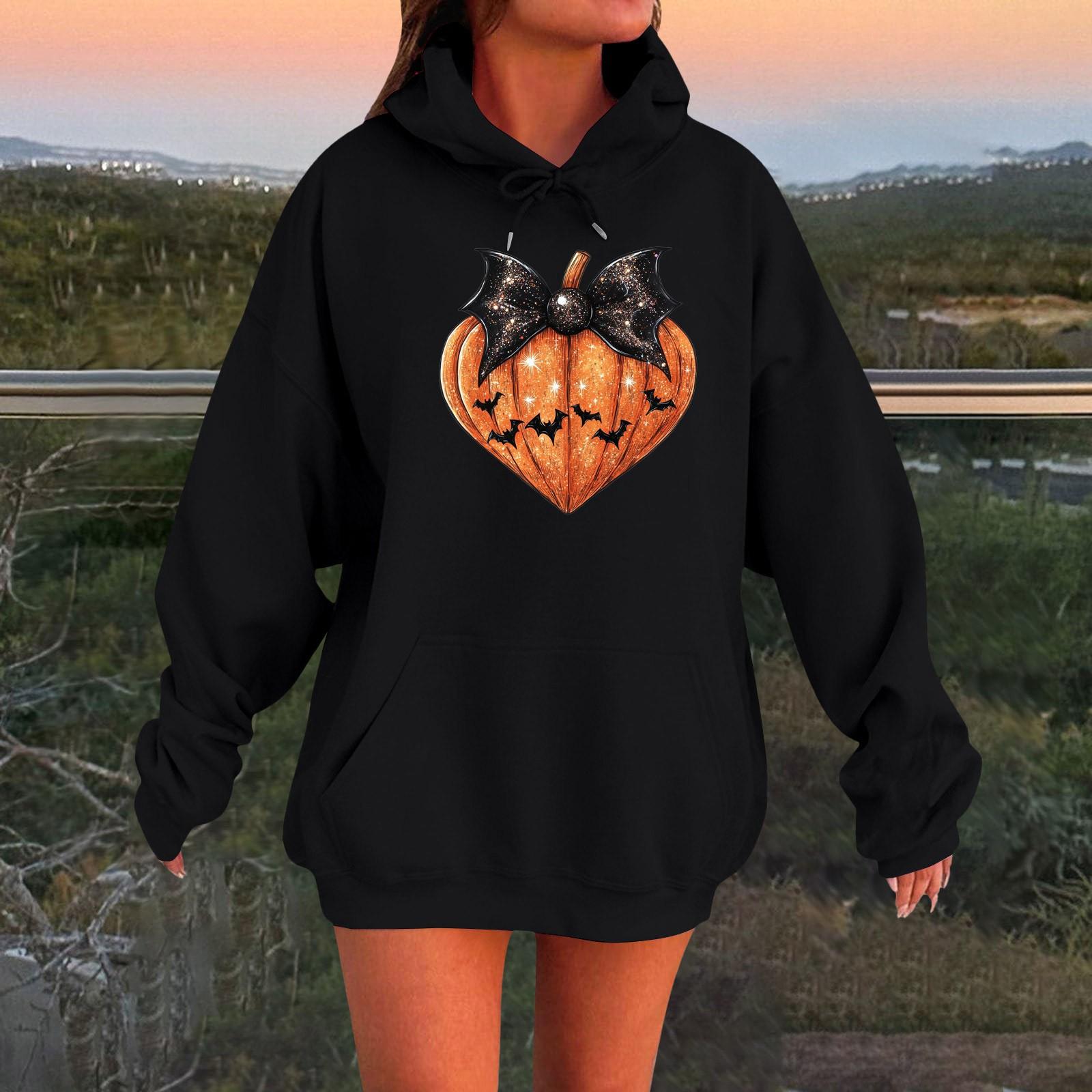 

Women s Long-sleeved Oversized Dropped Shoulder Sleeves Women s Hooded Halloween Print Plush Sweatshirt L чорний