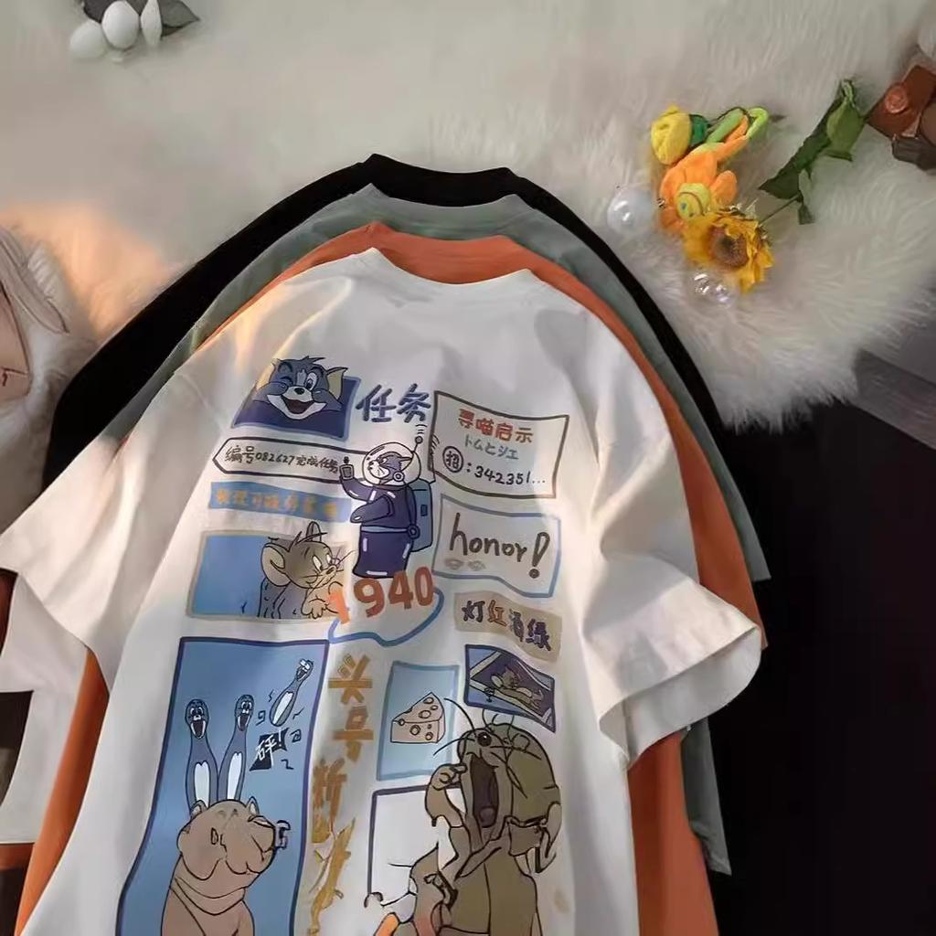 Fat mm cartoon t-shirt women's design sense niche summer loose student short sleeve ins trendy sweet and spicy top large size women's clothing