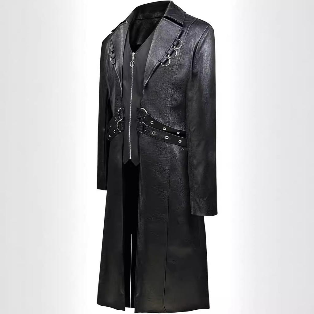 European and American medieval clothing medium and long PU leather trench coat retro role-playing leather jacket