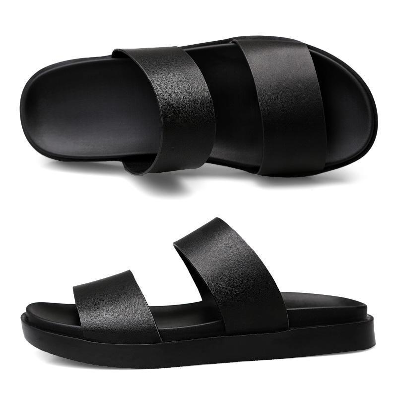 Men Casual Summer Shoes Brand Black Slippers Fashion Beach Sandals Breathable Genuine Leather Slipper Man High Quality Slippers