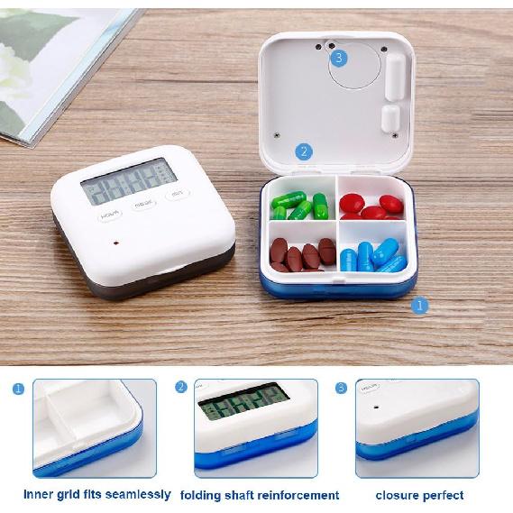 Pill Organizer,Portable Box Daily Organizer Box with Alarm Reminders-4 Compartment Pill Container Case (Blue)