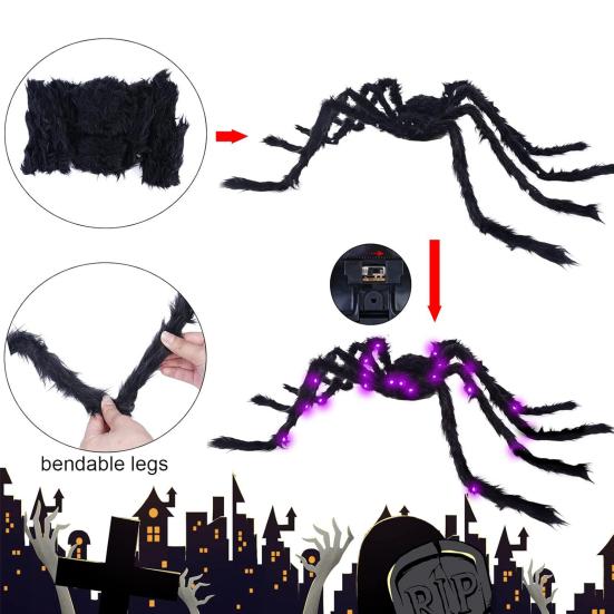 Halloweenský obří svítící pavouk Strašidelný realistický chlupatý LED pavouk s ohebnýma nohama pro vnitřní venkovní Halloweenskou zahradní domácí výzdobu