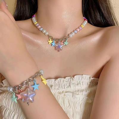 Dopamine Color Beaded Pentagram Star Pendant Necklace Female Personality Versatile Temperament Clavicle Chain Sweet Cool Wind Bracelet
