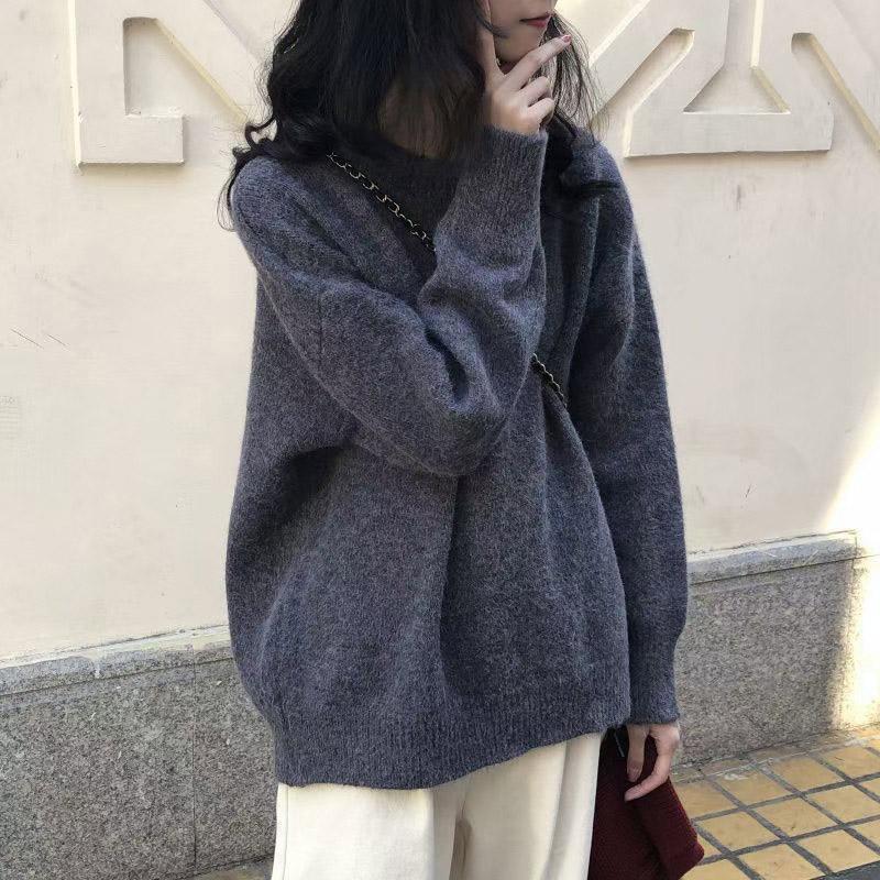Women Autumn Winter High Neck Long Sleeve Solid Color Sweater for Ladies Loose Fashion Knitted Tops