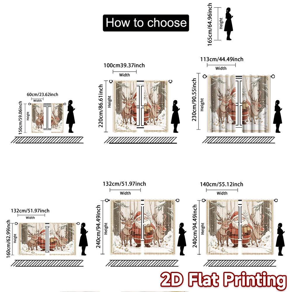 2pcs, 2D FLAT PRINTING Curtains (Without Rod) Santa and Reindeer Halloween Festival Popular Curtains&Drapes Semi-Sheer Curtains