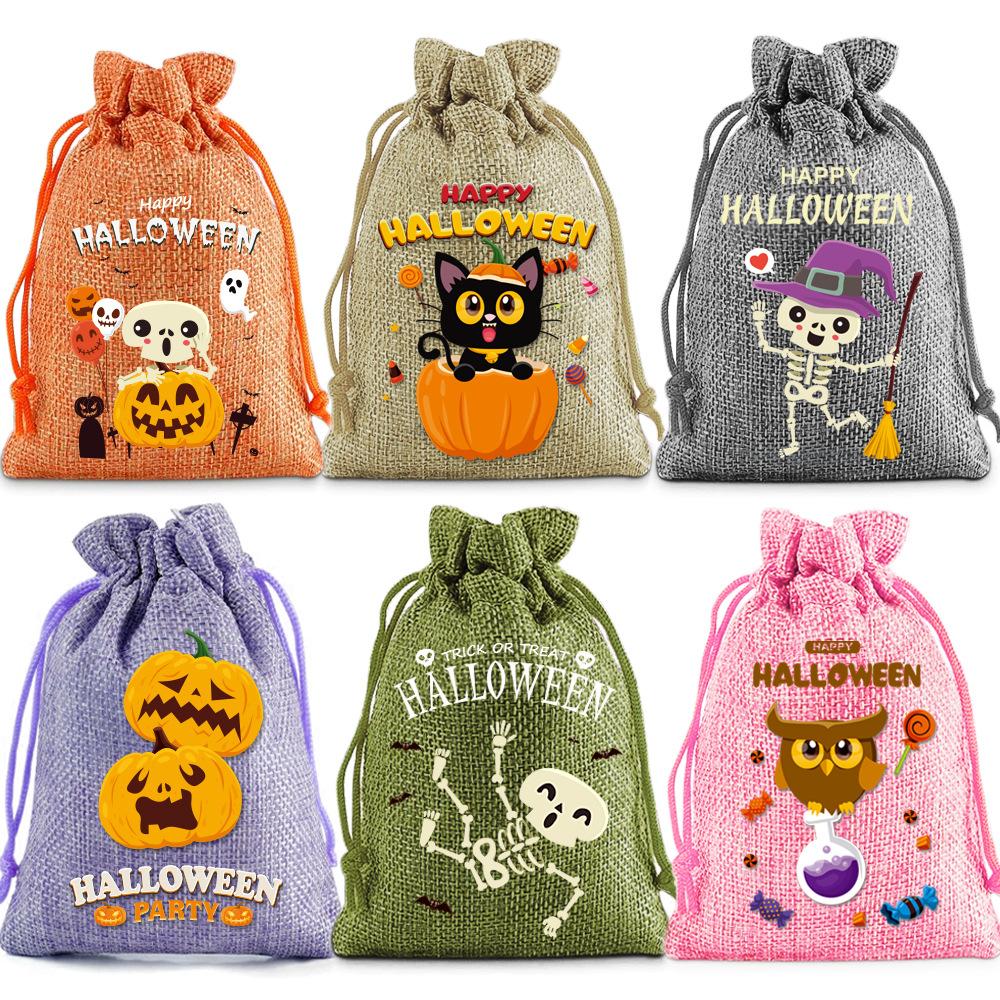 Halloween Burlap Drawstring Pouches Party Favour Gift Candy Bags 10x14cm 6 Colours