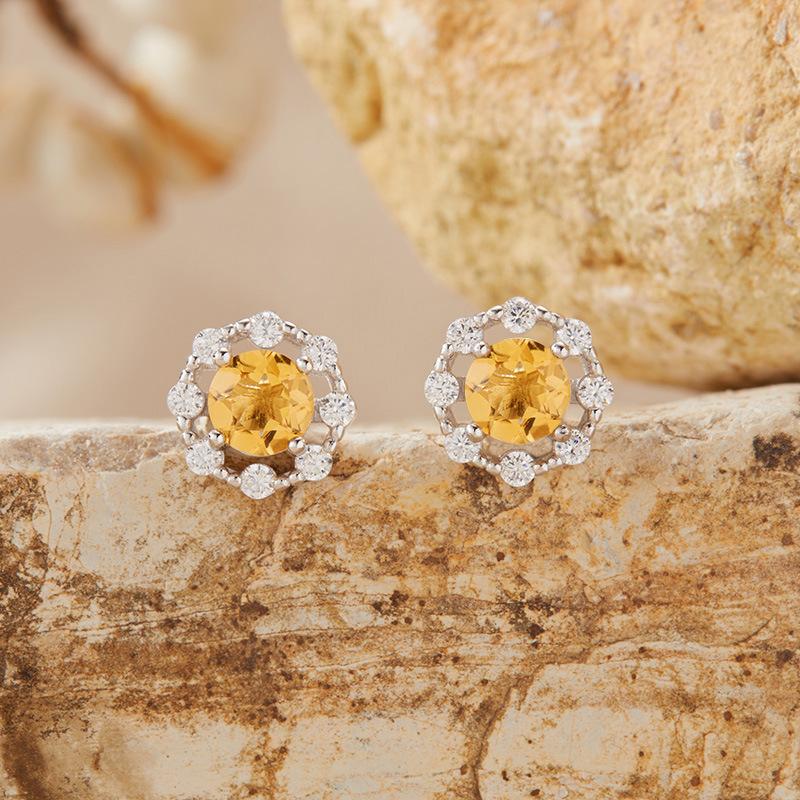 S925 Sterling Silver Natural Topaz Citrine Amethyst Olive Garnet Color Treasure Ring Women'S Jewelry Set Earrings