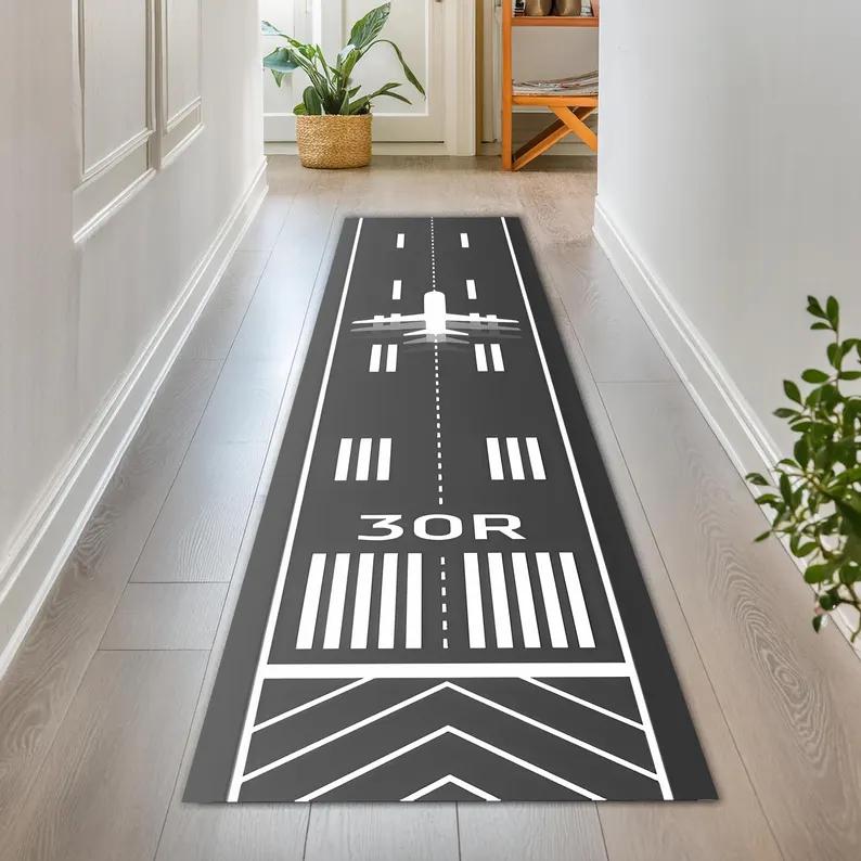 Airplane Runway Runner Rug Glow-Inspired Airport Hallway Carpet for Kids Pilot Gift Aviation Themed Modern Floor Mat Bedroom