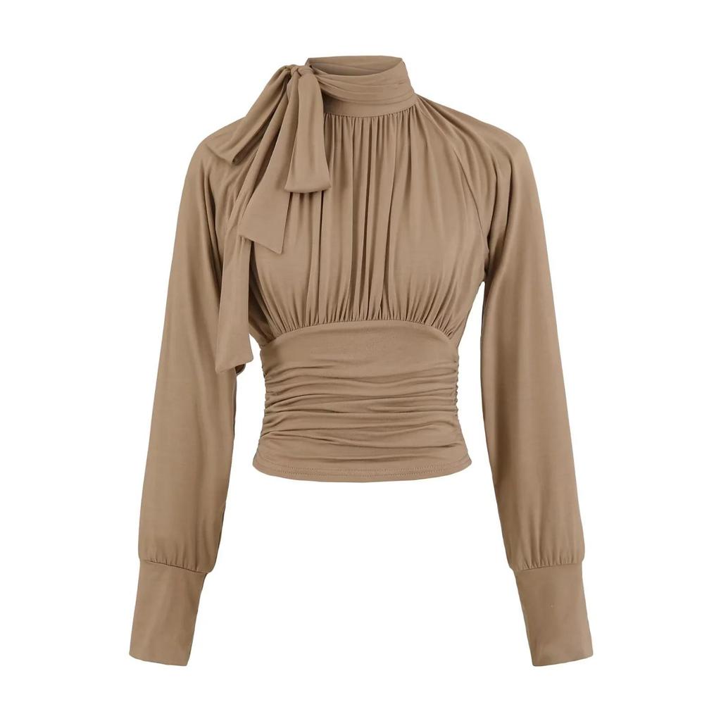 Women's French Retro Tie-Up Slim Fit Cropped Shirt - Stand Collar, Long Sleeve, High Waist (Spring/Autumn)