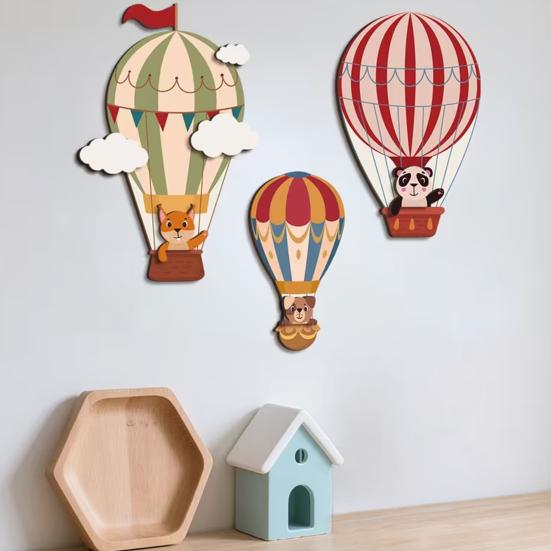 3 Pcs Hot Air Balloon Wall Decor Boho Wooden Nursery Wall Art Cartoon Animals Hot Air Balloon Wall Sculpture for Kids Bedroom Baby Shower Decoration